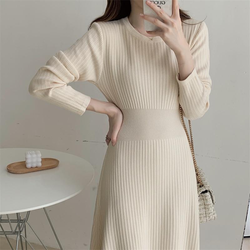 Autumn Winter Sweater Dresses Crew Neck Long Sleeve Casual Midi Dress Solid A Line Ribbed Knitted Dress