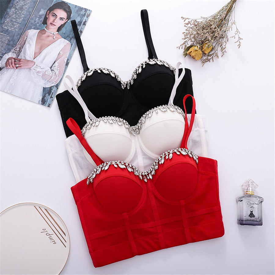New Short Sexy Diamond Beading Crop Top Women Solid Camis Tops With Built In Bra Push Up Bralette