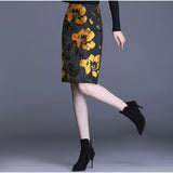 Women Office Black Flowers Print High Waist Bodycon Korean Style Knee Length Pencil Skirt