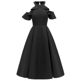 Elegant Black Vintage Cold Shoulder Ruffle Sleeve Robe Pin Up Vestidos Evening Party Retro Dress