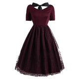 Burgundy Tie Back Lace Overlay Pleated Elegant Party Short Sleeve 50s Vintage Robe Women Backless Swing Dress