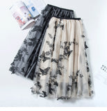 Women Mesh High Waist A-Line Chic Embroidered Yarn Elegant OL Skirts Butterfly Streetwear