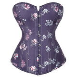 Women Purple Floral Print Lace Up Waist Training Cincher Overbust Corsets Buckle up Bustier Lingereie Gothic Corcelet