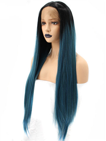 Long Black To Dark Green Ombre Synthetic Lace Front Wig - FashionLoveHunter
