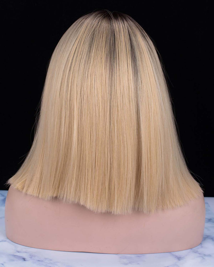 Short Straight Bob Dark Rooted Blonde Glueless Synthetic Lace Front Wigs - Imstylewigs