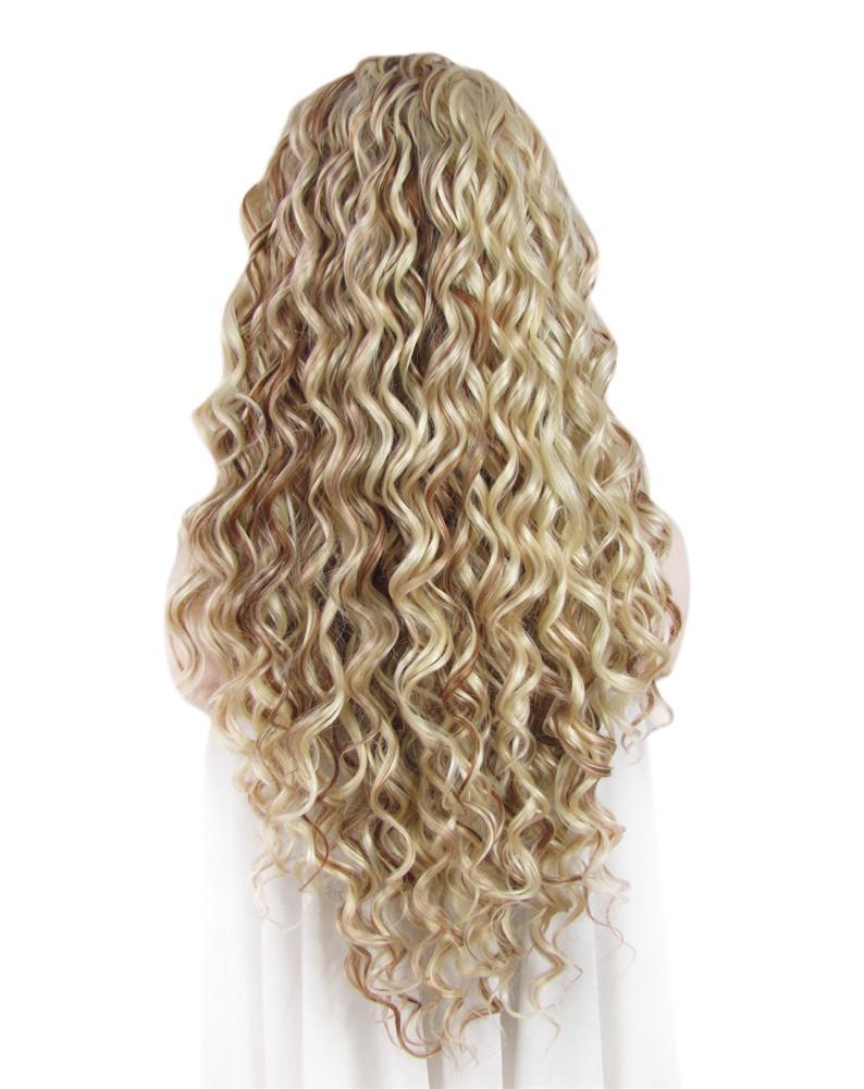 Long Blonde Mixed Brown Curly Glueless Synthetic Lace Front Wigs - Imstylewigs