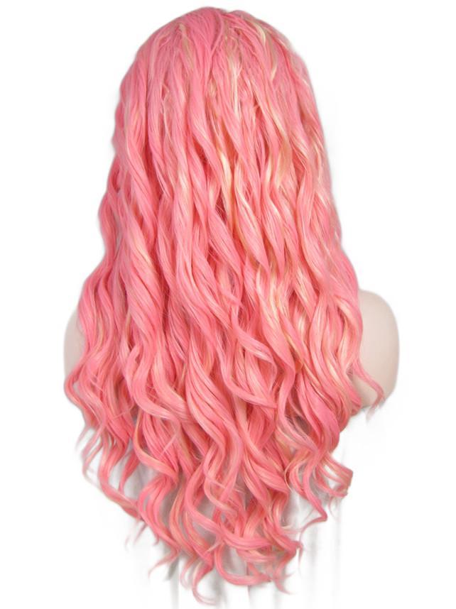 Rose Pink Long Wavy Synthetic Lace Front Wigs - Imstylewigs