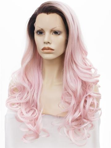 Light Warm Pink Ombre Big Wave Long Synthetic Lace Front Wig - FashionLoveHunter