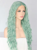 Long Ash Mint Green Curly Synthetic Lace Front Wig - FashionLoveHunter