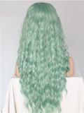 Long Ash Mint Green Curly Synthetic Lace Front Wig - FashionLoveHunter
