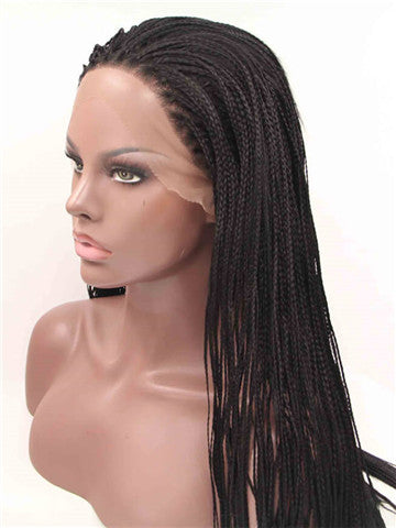 Long Black Braid Straight Synthetic Lace Front Wig - FashionLoveHunter