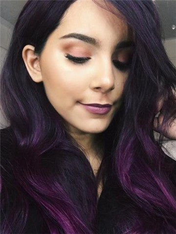 Long Black Purple Ombre Straight Synthetic Lace Front Wig - FashionLoveHunter