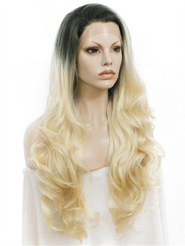 Long Black Root To Bright Blonde Ombre Wave Synthetic Lace Front Wig - FashionLoveHunter