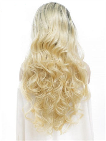 Long Black Root To Bright Blonde Ombre Wave Synthetic Lace Front Wig - FashionLoveHunter