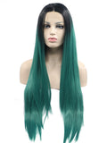 Long Black Root To Dark Green Ombre Straight Synthetic Lace Front Wig - FashionLoveHunter