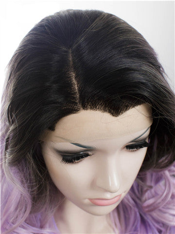 Long Black Root To Light Purple Ombre Wave Synthetic Lace Front Wig - FashionLoveHunter