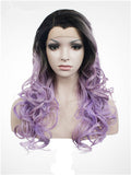 Long Black Root To Light Purple Ombre Wave Synthetic Lace Front Wig - FashionLoveHunter