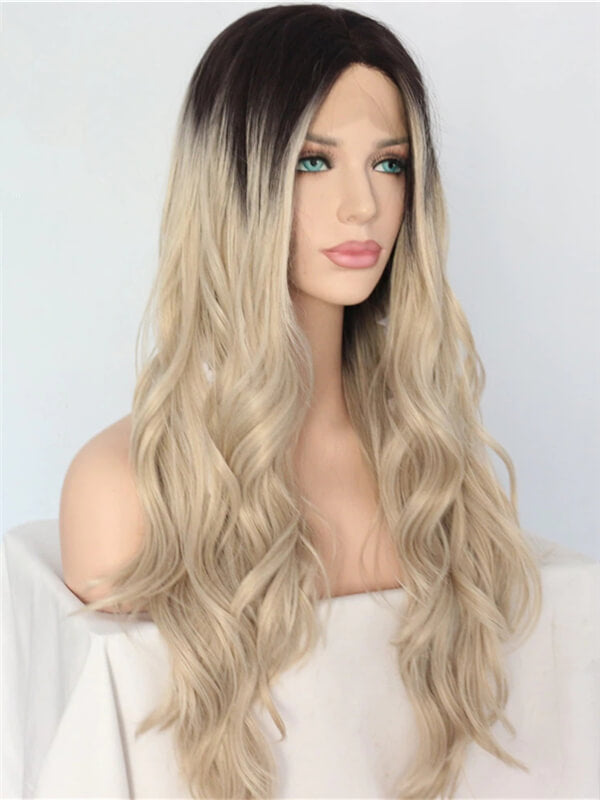 Long Black To Ash Blonde Wave Synthetic Lace Front Wig