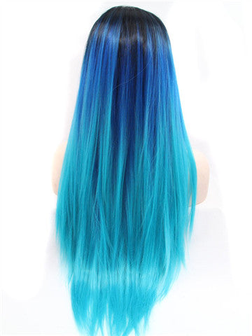 Long Black To Blue Bright Green Ombre Straight Synthetic Lace Front Wig - FashionLoveHunter
