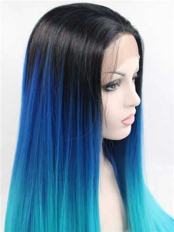 Long Black To Blue Bright Green Ombre Straight Synthetic Lace Front Wig - FashionLoveHunter