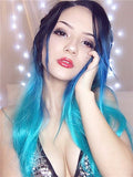 Long Black To Blue Bright Green Ombre Straight Synthetic Lace Front Wig - FashionLoveHunter