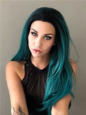 Long Black To Dark Green Cosplay Ombre Synthetic Lace Front Wig - FashionLoveHunter