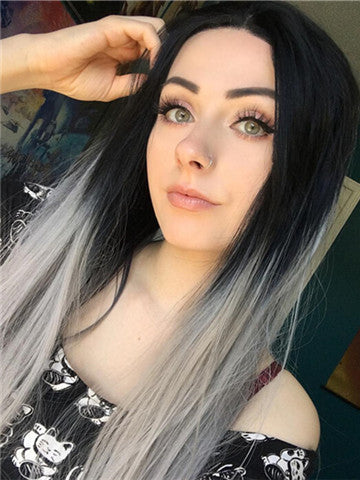 Long Black To Grey Ombre Straight Synthetic Lace Front Wig - FashionLoveHunter