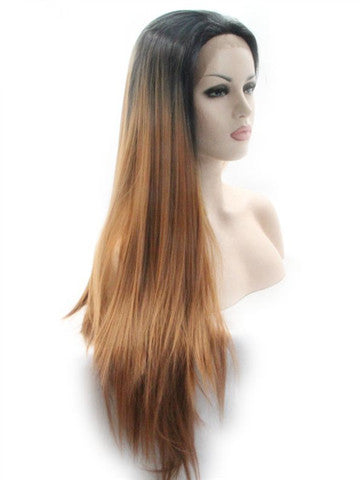 Long Black To Medium Brown Ombre Straight Synthetic Lace Front Wig - FashionLoveHunter