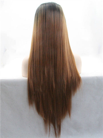 Long Black To Medium Brown Ombre Straight Synthetic Lace Front Wig - FashionLoveHunter