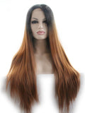 Long Black To Medium Brown Ombre Straight Synthetic Lace Front Wig - FashionLoveHunter
