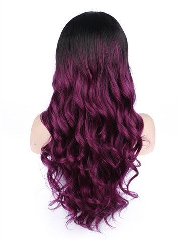 Long Black To Scarlet Wine Red Ombre Wave Synthetic Lace Front Wig - FashionLoveHunter