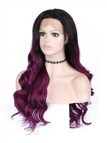 Long Black To Scarlet Wine Red Ombre Wave Synthetic Lace Front Wig - FashionLoveHunter