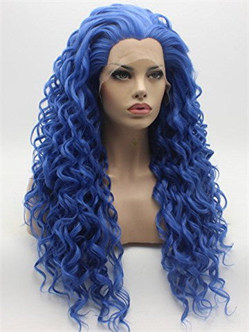 Long Lovely Midnight Blue Curly Synthetic Lace Front Wig - FashionLoveHunter