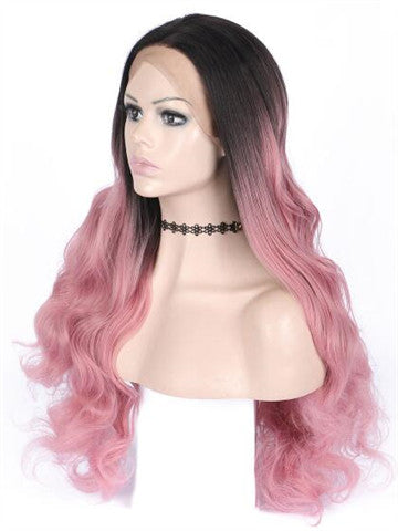 Long Blush Pink Strawberry Ombre Wave Synthetic Lace Front Wig - FashionLoveHunter
