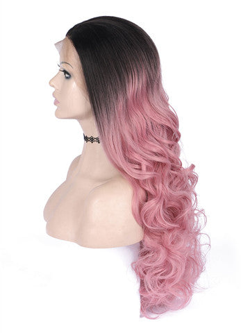 Long Blush Pink Strawberry Ombre Wave Synthetic Lace Front Wig - FashionLoveHunter