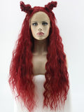 Long Canna Dark Red Fire Brick Curly Synthetic Lace Front Wig
