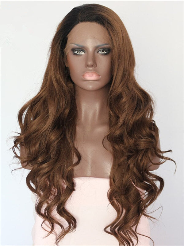Long Caramel Saddle Brown Ombre Wave Synthetic Lace Front Wig