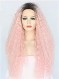 Long Light Warm Pink Kinky Curly Ombre Synthetic Lace Front Wig