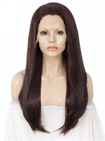 Long Dark Auburn Color Straight Synthetic Lace Front Wig - FashionLoveHunter