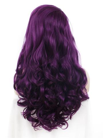 Long Dark Reddish Purple Big Wave Synthetic Lace Front Wig - FashionLoveHunter