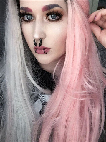 Long Double Colors Pink Grey Straight Synthetic Lace Front Wig - FashionLoveHunter