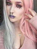 Long Double Colors Pink Grey Straight Synthetic Lace Front Wig - FashionLoveHunter
