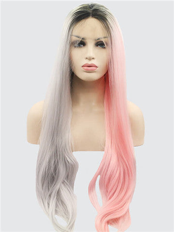 Long Double Colors Pink Grey Straight Synthetic Lace Front Wig - FashionLoveHunter
