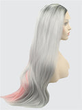Long Double Colors Pink Grey Straight Synthetic Lace Front Wig - FashionLoveHunter