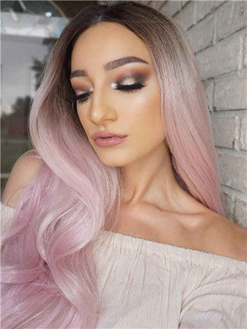 Long Dusty Rose Light Pink Wave Synthetic Lace Front Wig - FashionLoveHunter