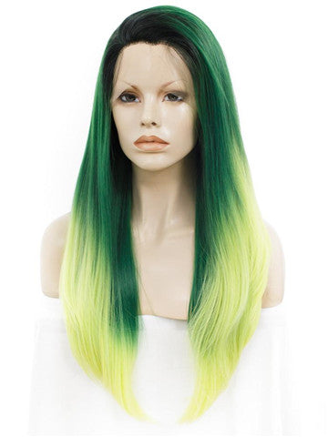 Long Forest Green To Yellow Ombre Straight Synthetic Lace Front Wig