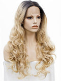 Long Gold Blonde Dark Root Ombre Wave Synthetic Lace Front Wig - FashionLoveHunter