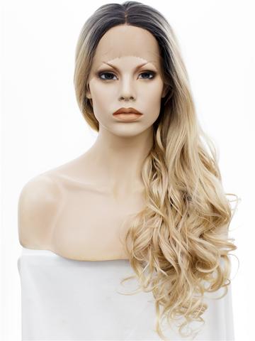 Long Gold Blonde Dark Root Ombre Wave Synthetic Lace Front Wig - FashionLoveHunter