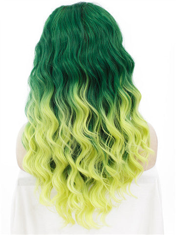 Long Green To Yellow & Orange Ombre Curly Synthetic Lace Front Wig - FashionLoveHunter