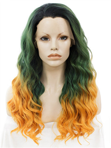 Long Green To Yellow & Orange Ombre Curly Synthetic Lace Front Wig - FashionLoveHunter